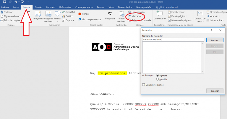 Insertar marcadores de datos de texto en un Word – HESTIA