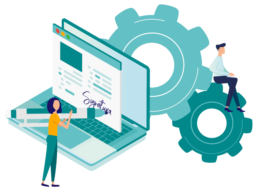 Capçalera servei T-CAT amb avatars de persones signant des del seu ordinador