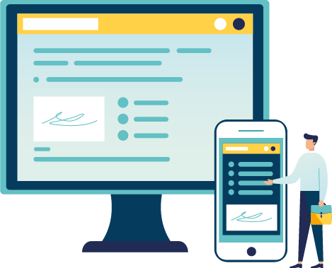 Pantalla gegant amb document signat i un mòbil amb una signatura