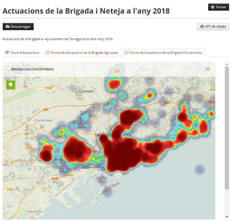 Mapa de l'Ajuntament de Tarragona que mostra les actuacions de la brigada i neteja al’any 2018