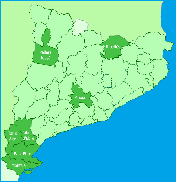 Mapa de Catalunya amb les 7 comarques localitzades