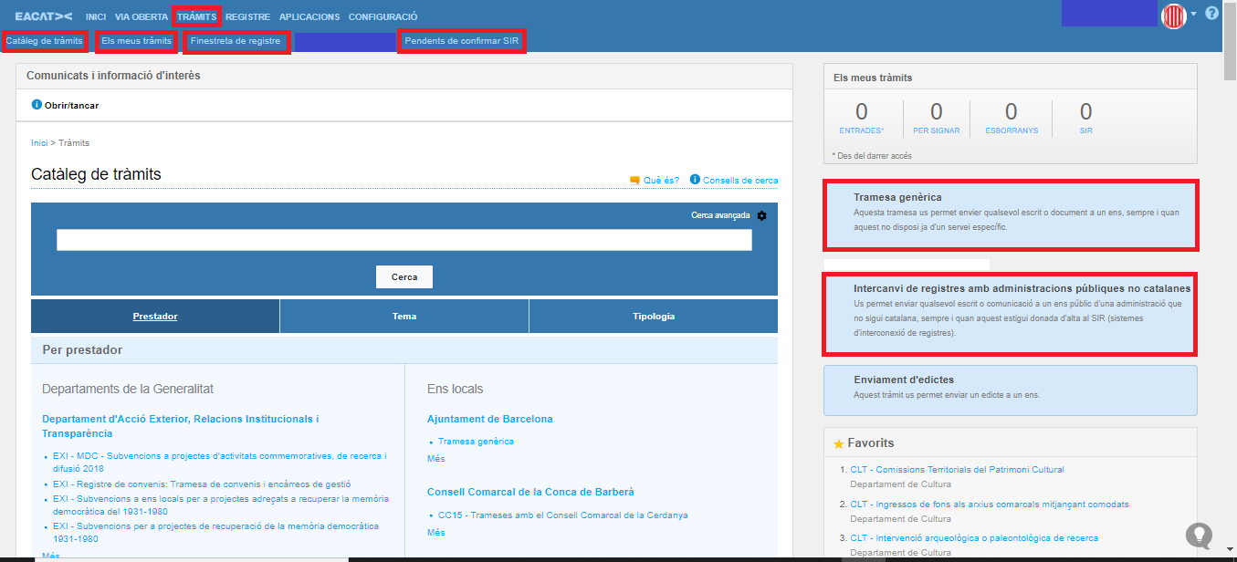Secció Tràmits d'EACAT amb totes les subseccions marcades en vermell