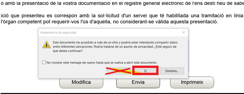 Requadre del missatge que apareix i que cal prémer "Sí"
