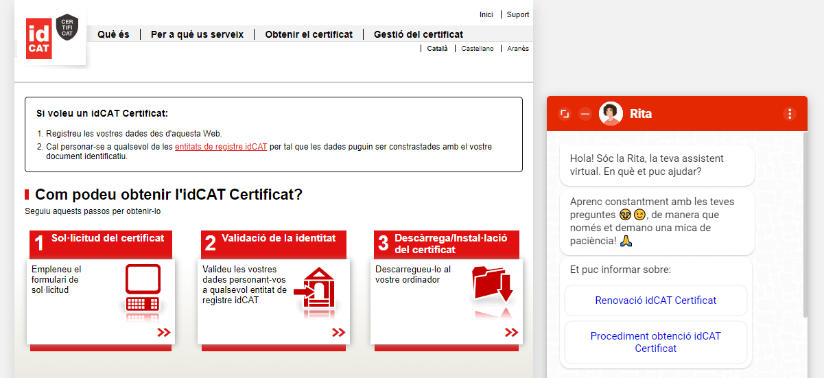 Captura de pantalla del xatbot Rita que dona suport al idCAT Certificat.