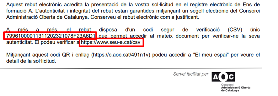 Образец квитанции, созданной e-TRAM, с указанием абзаца, в котором можно найти CSV, и ссылкой на URL-адрес для проверки.