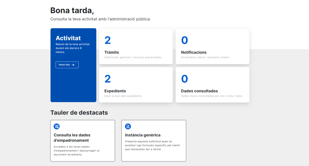 Captura de tela da página principal do El Meu Espai mostrando o painel de destaques com os dados cadastrais.