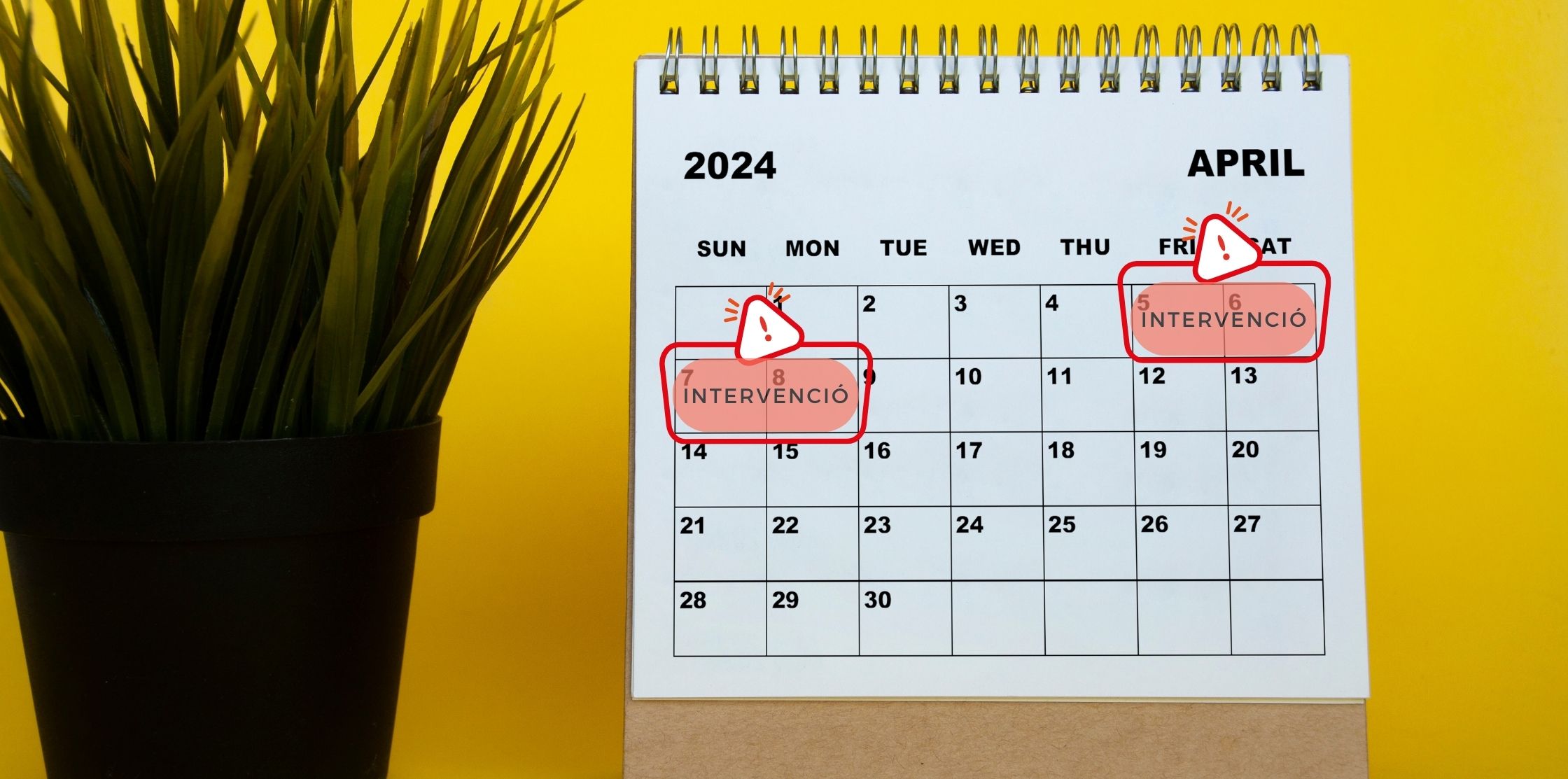 Calendari del mes d'abril de 2024 on hi ha marcat la intervenció que implicarà un tall a bastants serveis AOC, concretament del 5 al 8 d'abril.