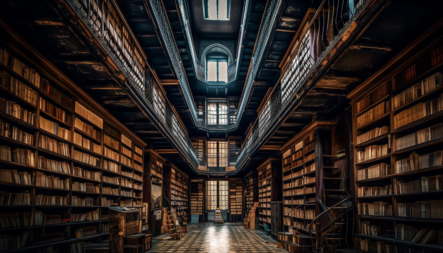 Biblioteca clássica com muitos livros antigos