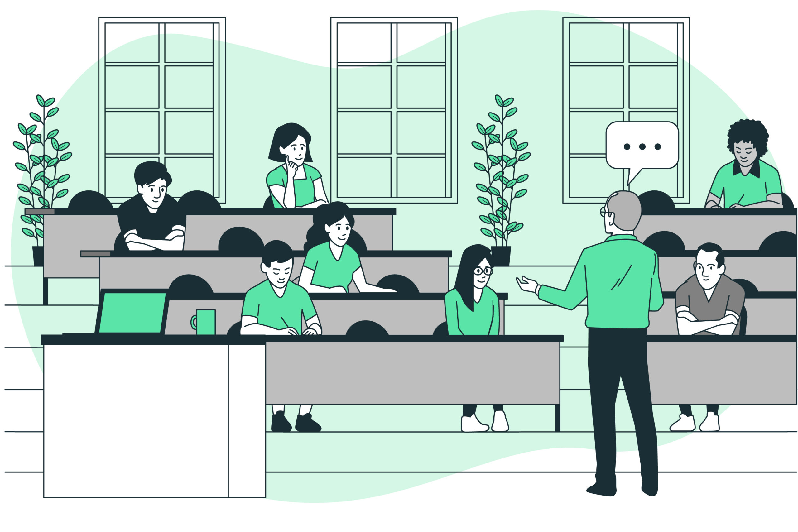 Il·lustració d'una aula universitària, amb un mestre d'una classe a diversos alumnes universitaris
