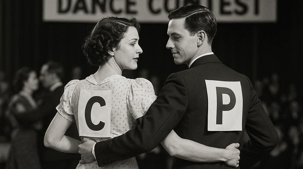 Una parella amb vestits dels anys trenta ballen agafats per la cintura. Un dels ballarins ha de portar una P en majúscules enganxada en paper a l'esquena i l'altre ballarí ha de portar una C en majúscules a l'esquena. Estan ballant en un concurs de ball.