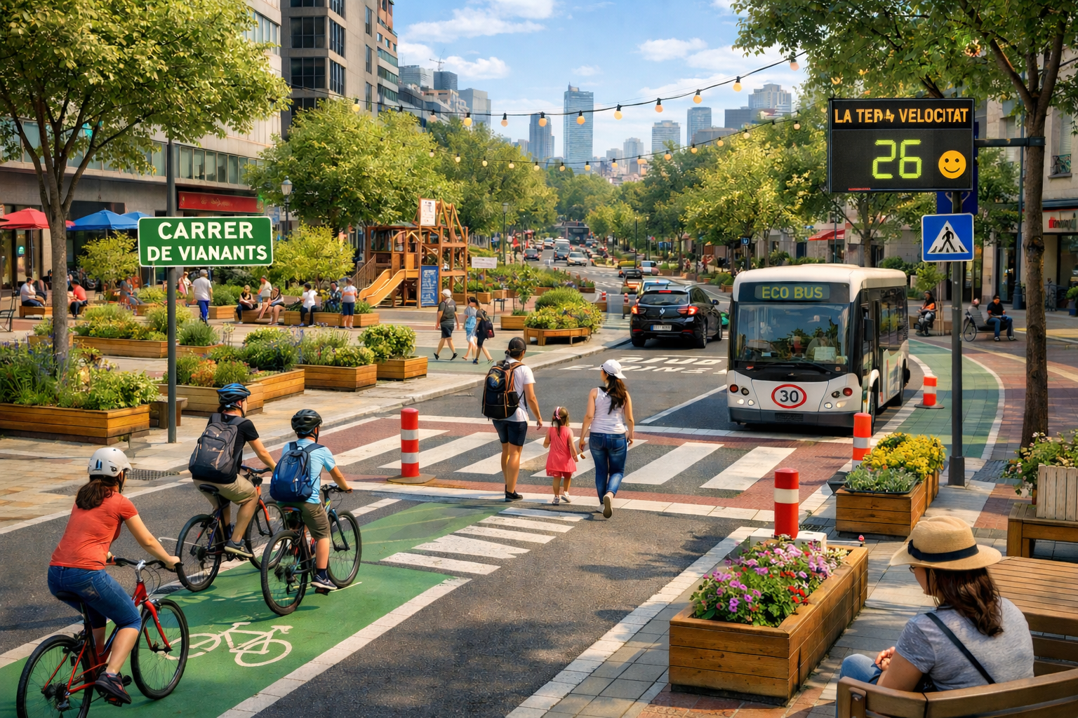 Carrer de vianants amb molta vegetació i ciclistes.
