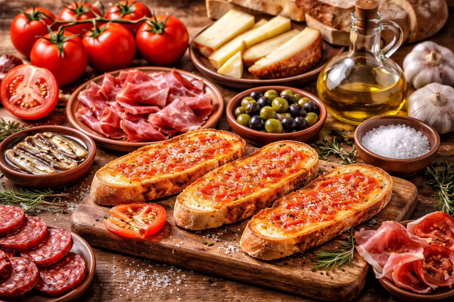 Taula rústica plena de productes gastronòmica típics catalans