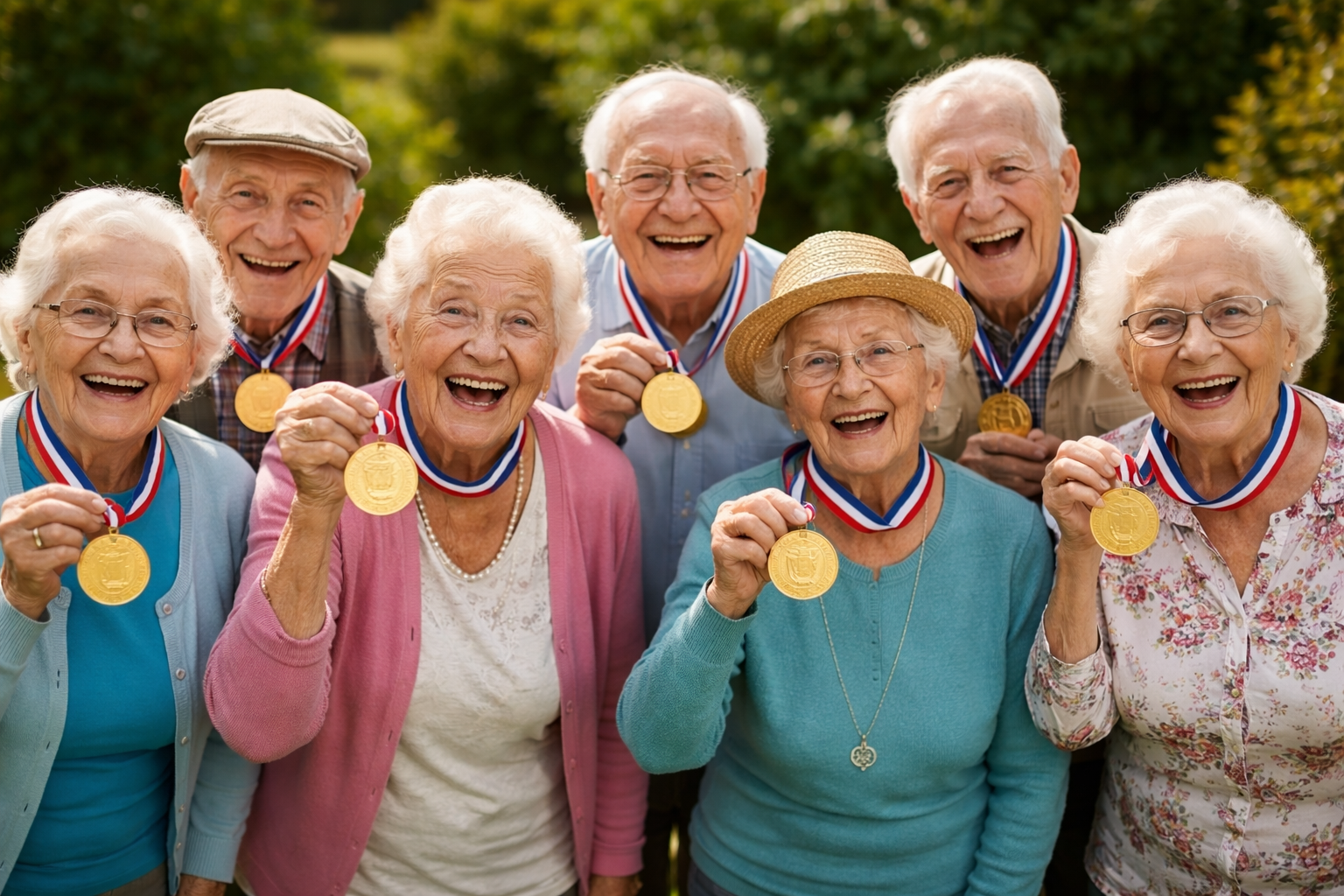 Grup de gent gran mostran una medalla