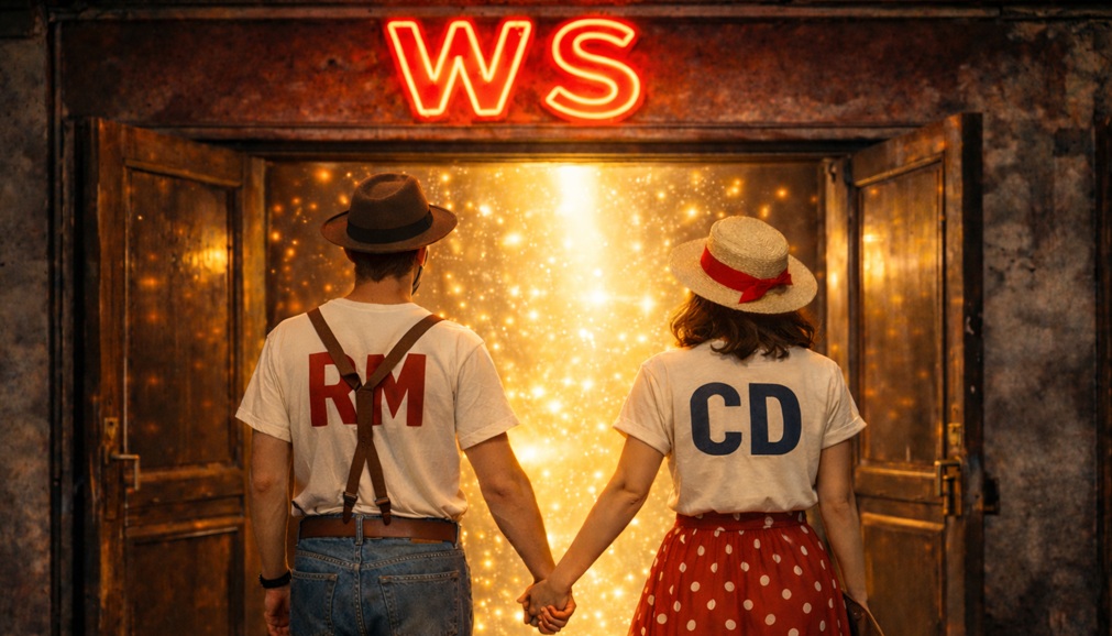 Una parella agafada de la mà entren per una porta on a dalt hi indica WS. A la samarreta del noi hi ha RM i a la de la noia CD
