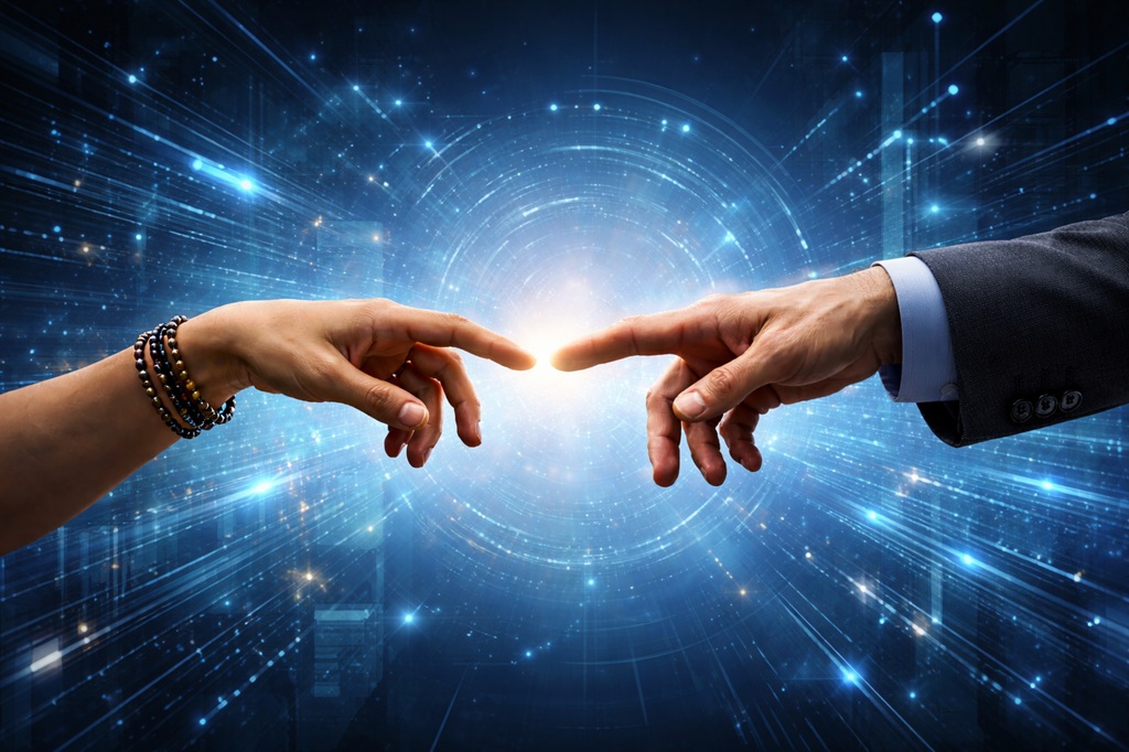 Reproducció de la creació d'Adam de Miquel Àngel en un entorn tecnològic