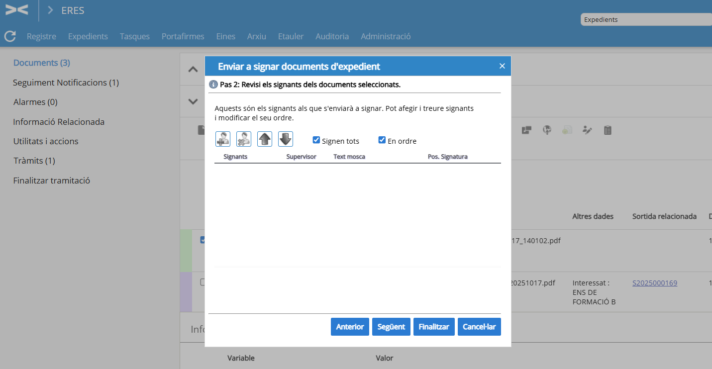 Pantalla ERES de envío de documento a firma