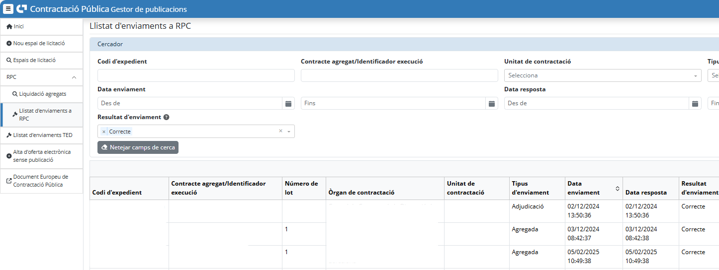 Imatge de la consola d'enviaments al RPC del Gestor de publicacions.