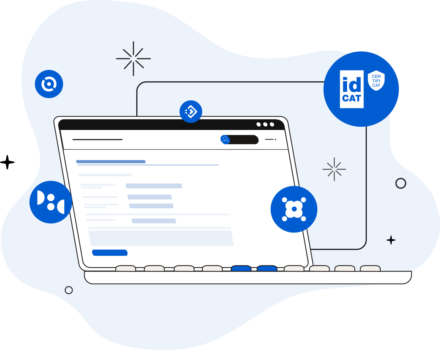 Il·lustració d'un ordinador portàtil connectat a serveis digitals com l'idCAT Certificat