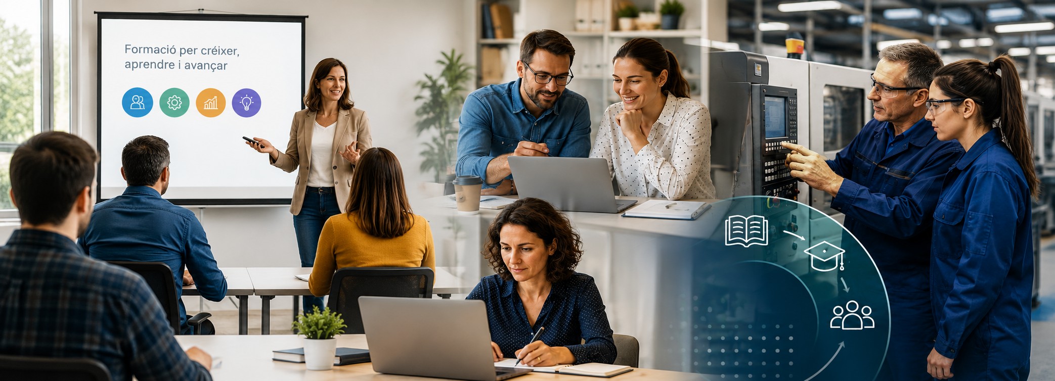 Persones participant en activitats de formació teòrica i pràctica en entorns d'oficina, aula i indústria, representant la formació professional contínua.