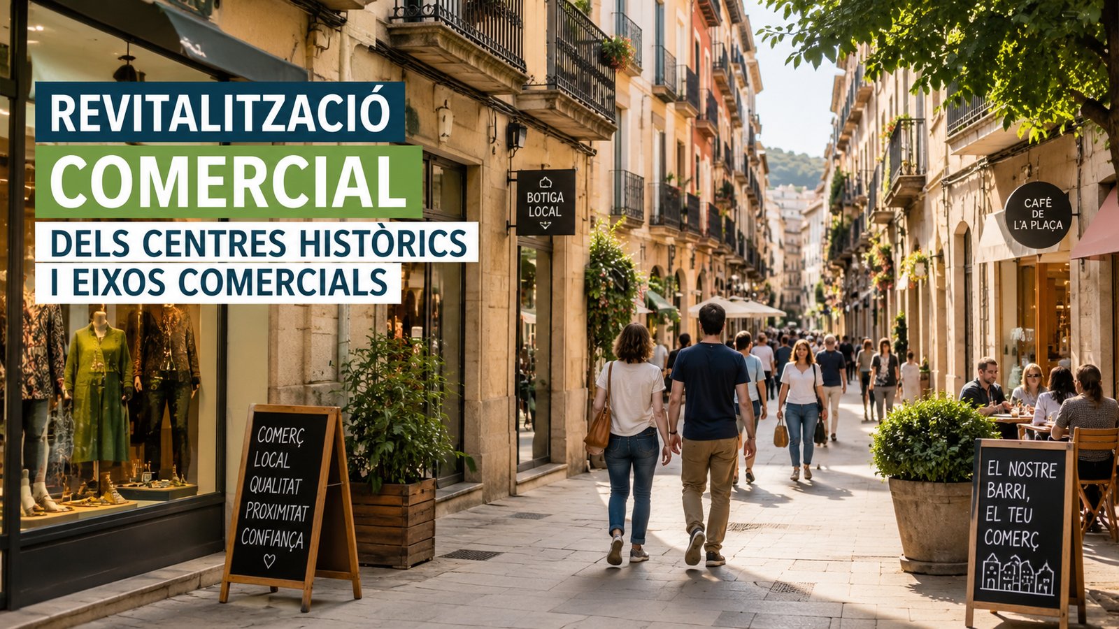 Carrer comercial amb botigues i gent passejant