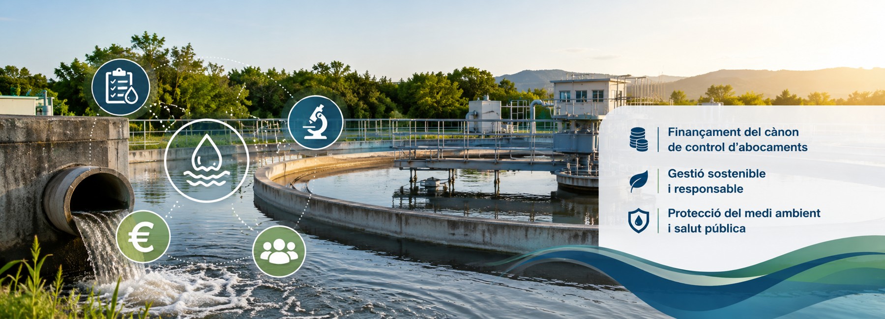 Instal·lació de depuració d’aigües amb una sortida d’abocament, basses de tractament i icones que representen el control ambiental, l’anàlisi de l’aigua i el finançament del cànon de control d’abocaments.