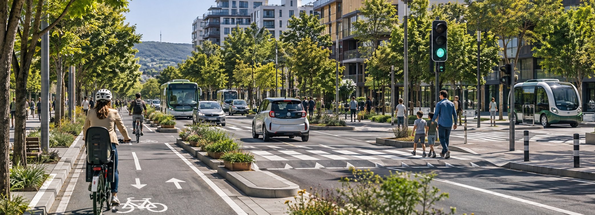 Carrer urbà amb carril bici, transport públic i vianants, representant una mobilitat segura, sostenible i intel·ligent.