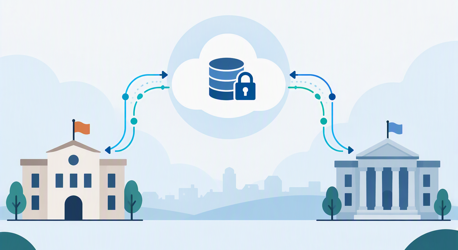 Dos edificis públics connectats a un núvol de dades segur que simbolitza la interoperabilitat i l’intercanvi segur d’informació entre administracions.