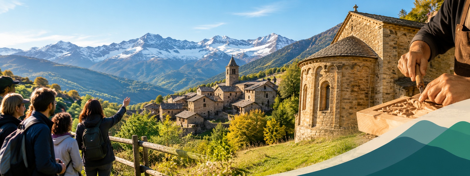 Paisatge de l’Alt Pirineu i Aran amb muntanyes, un poble de muntanya, patrimoni romànic i artesania tradicional