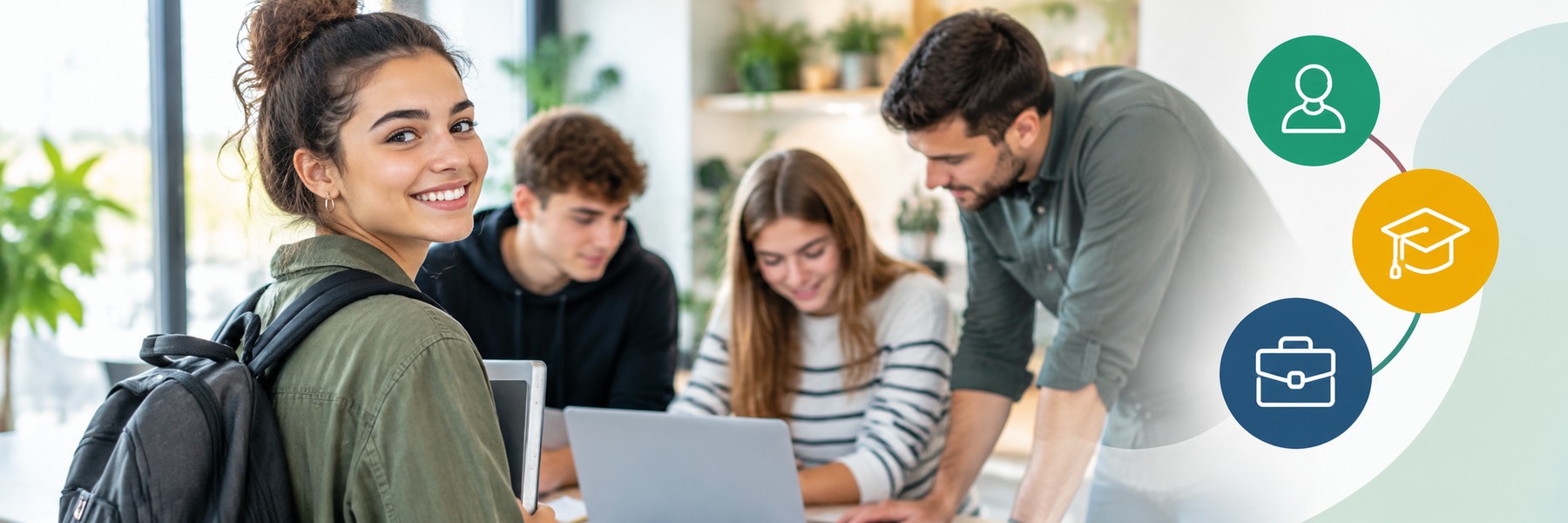 Joves professionals col·laborant en un entorn de treball, amb un mentor que els orienta i símbols de formació i ocupació que representen l’accés al món laboral mitjançant contractes formatius.