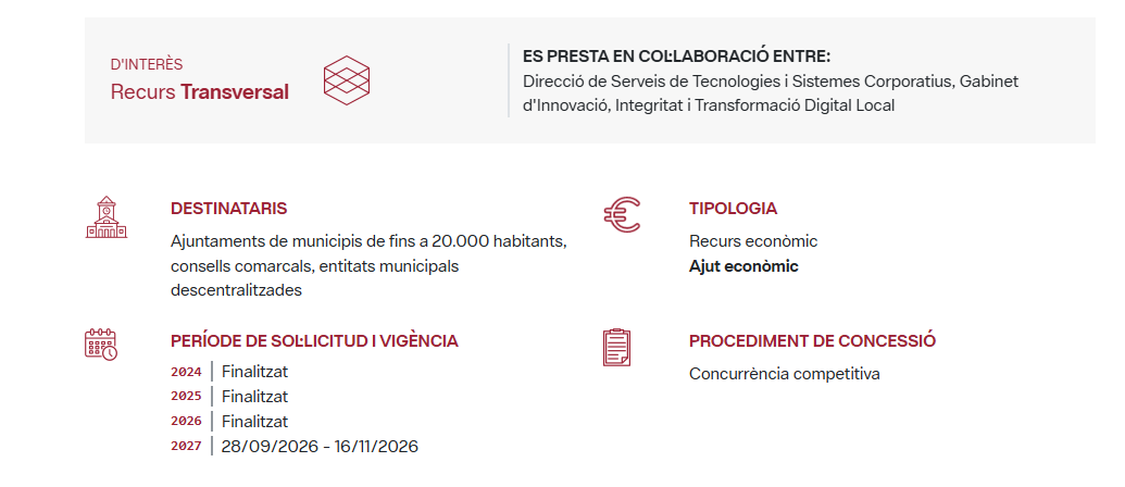Fitxa resum d'un recurs transversal de la Diputació de Barcelona amb informació sobre destinataris, tipologia, procediment de concessió i període de sol·licitud de la convocatòria 2027.